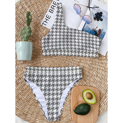 Grey And White Houndstooth Pattern Print One Shoulder Bikini Top