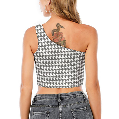 Grey And White Houndstooth Pattern Print One Shoulder Crop Top