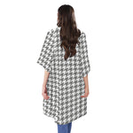 Grey And White Houndstooth Pattern Print Open Front Beach Cover Up