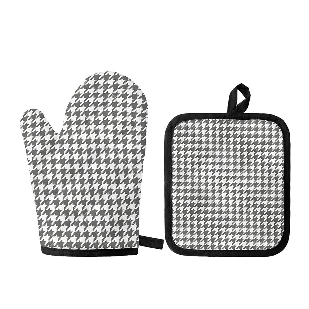 Grey And White Houndstooth Pattern Print Oven Mitt And Pot Holder Set