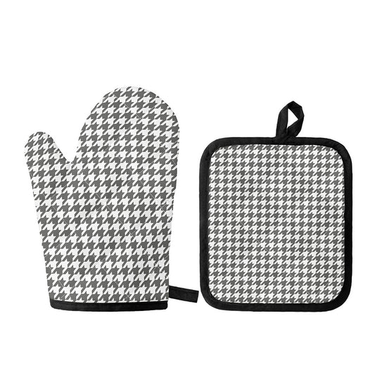 Grey And White Houndstooth Pattern Print Oven Mitt And Pot Holder Set