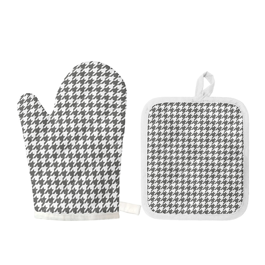 Grey And White Houndstooth Pattern Print Oven Mitt And Pot Holder Set
