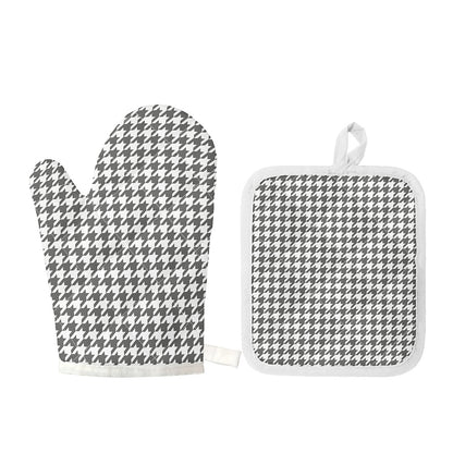 Grey And White Houndstooth Pattern Print Oven Mitt And Pot Holder Set