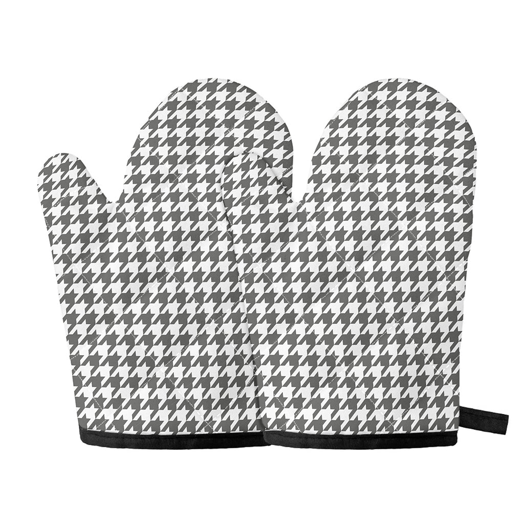 Grey And White Houndstooth Pattern Print Oven Mitts