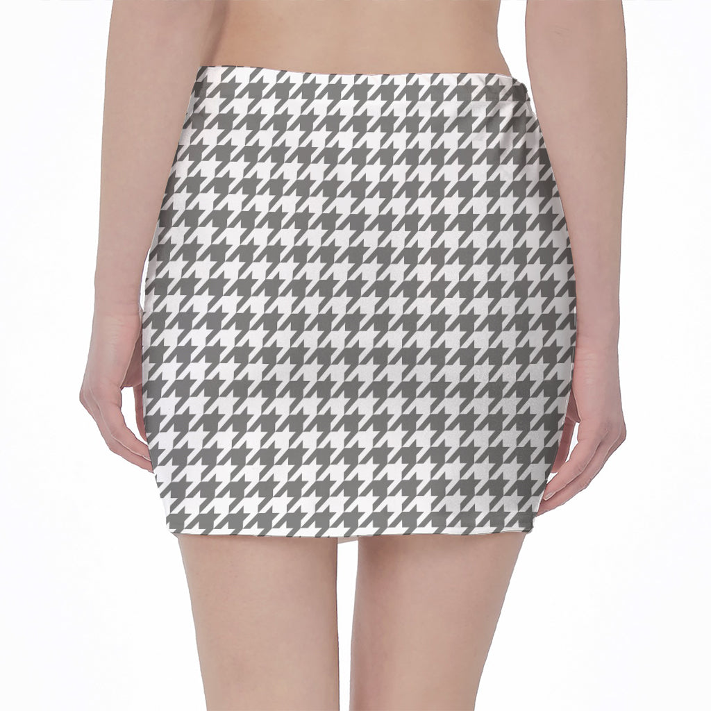 Grey And White Houndstooth Pattern Print Pencil Mini Skirt