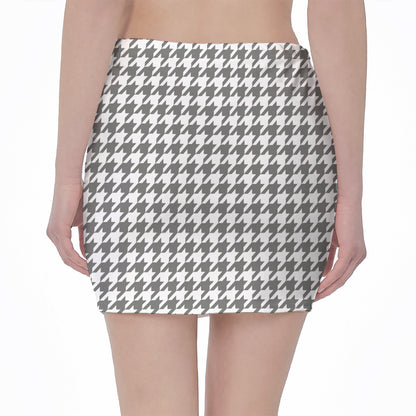 Grey And White Houndstooth Pattern Print Pencil Mini Skirt
