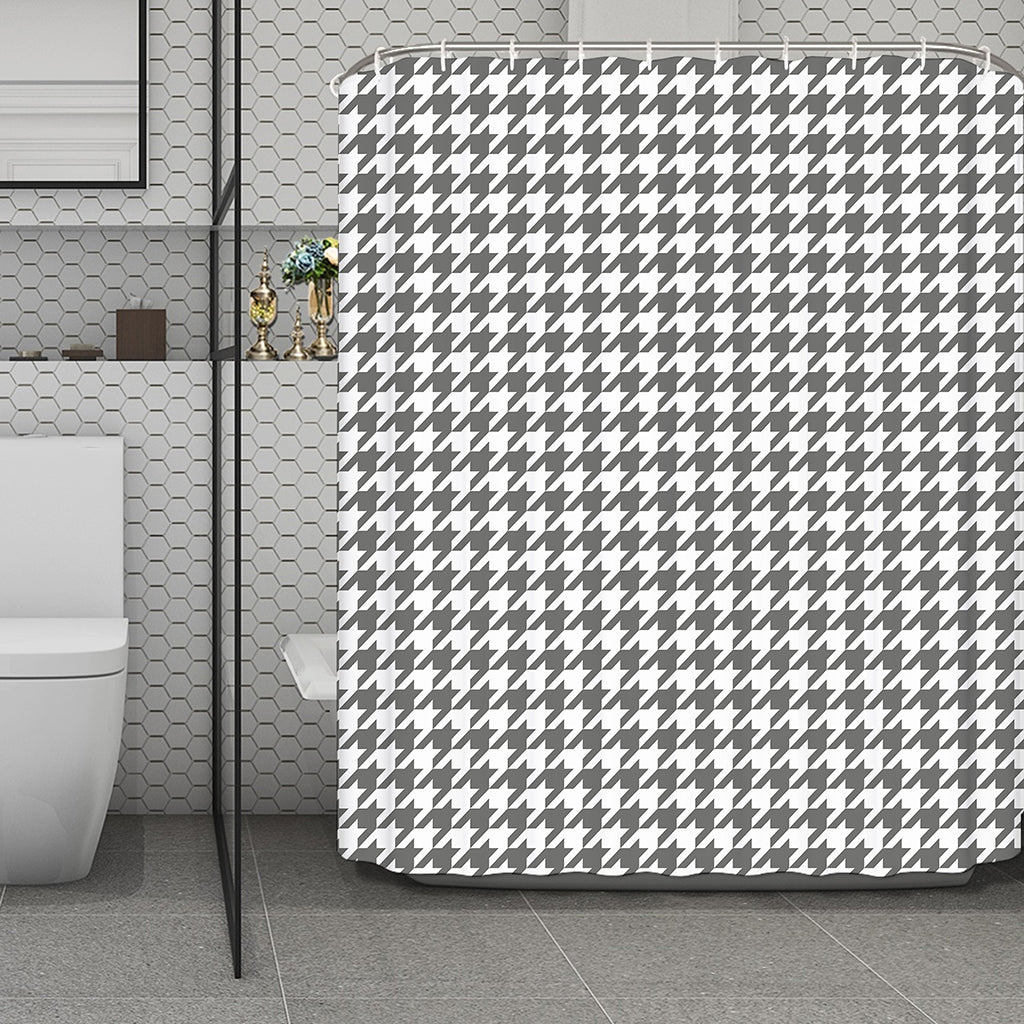 Grey And White Houndstooth Pattern Print Polyester Shower Curtain