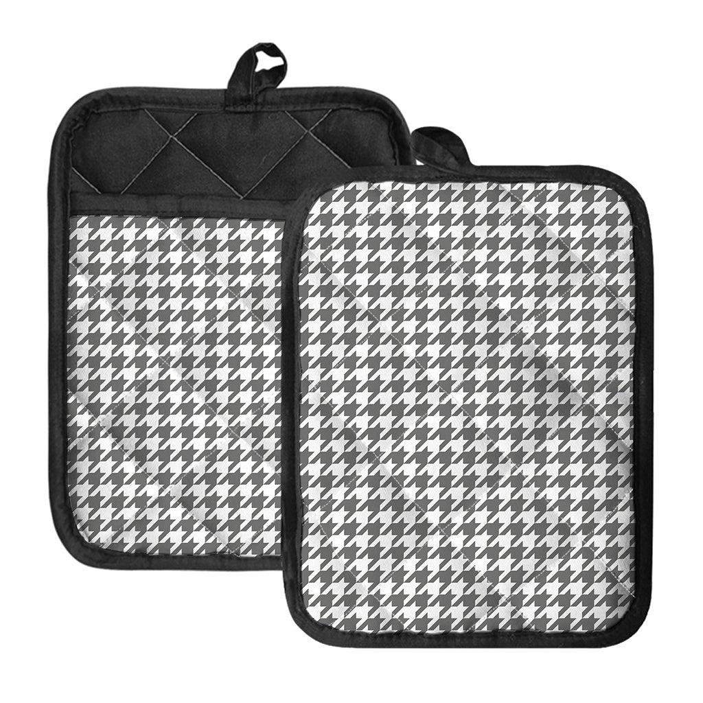 Grey And White Houndstooth Pattern Print Pot Holders With Pocket