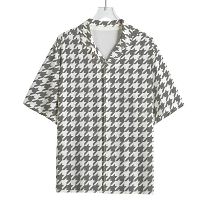Grey And White Houndstooth Pattern Print Rayon Hawaiian Shirt