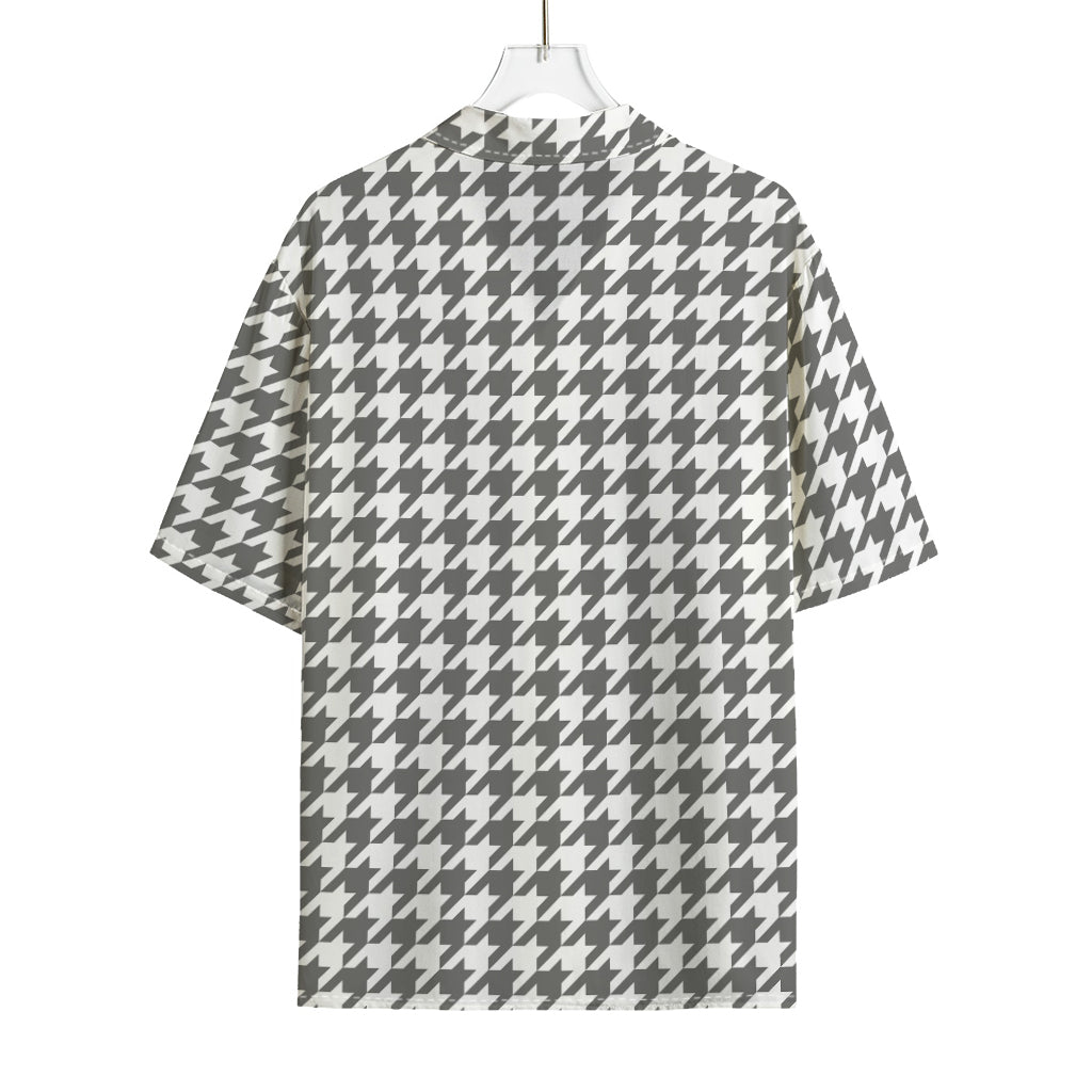 Grey And White Houndstooth Pattern Print Rayon Hawaiian Shirt