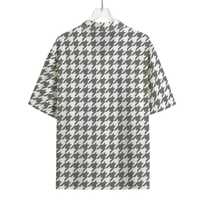 Grey And White Houndstooth Pattern Print Rayon Hawaiian Shirt