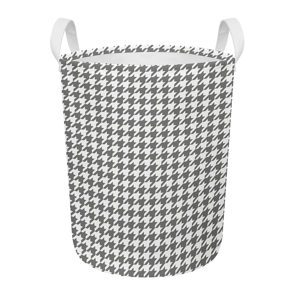 Grey And White Houndstooth Pattern Print Round Laundry Basket