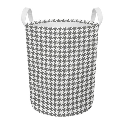 Grey And White Houndstooth Pattern Print Round Laundry Basket