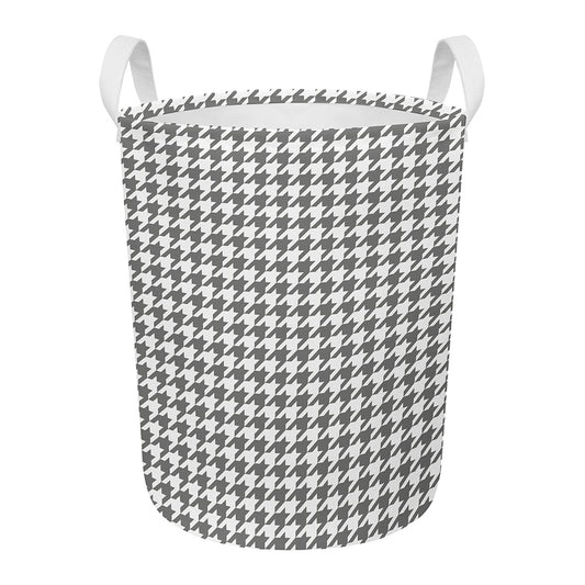 Grey And White Houndstooth Pattern Print Round Laundry Basket