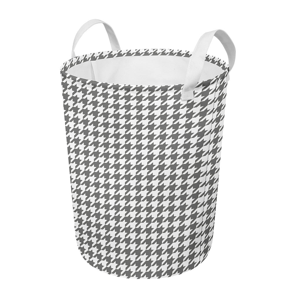 Grey And White Houndstooth Pattern Print Round Laundry Basket
