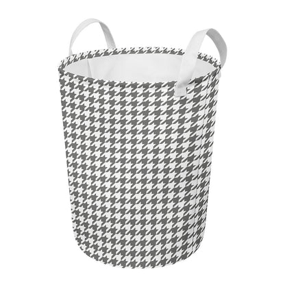 Grey And White Houndstooth Pattern Print Round Laundry Basket