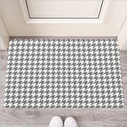 Grey And White Houndstooth Pattern Print Rubber Doormat