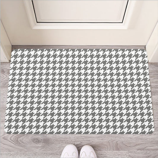 Grey And White Houndstooth Pattern Print Rubber Doormat
