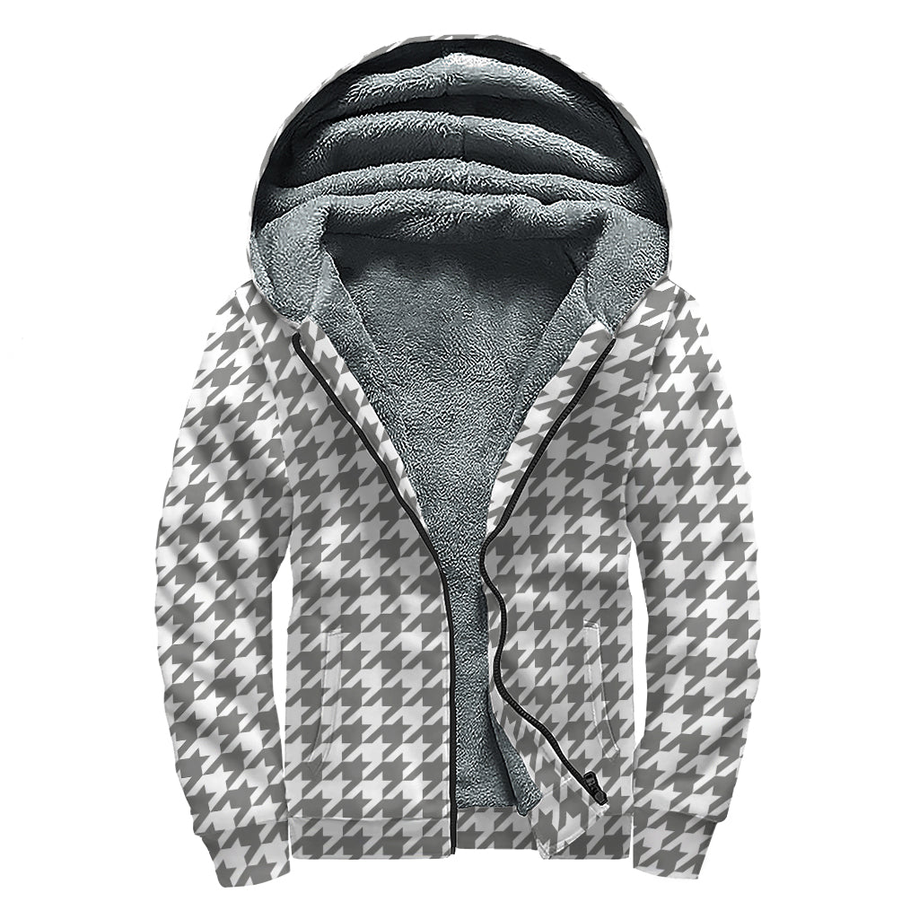 Grey And White Houndstooth Pattern Print Sherpa Lined Zip Up Hoodie