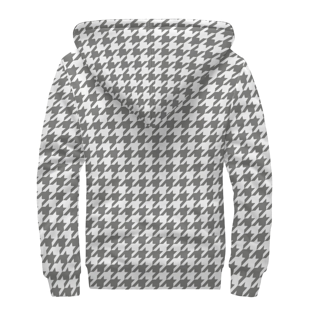 Grey And White Houndstooth Pattern Print Sherpa Lined Zip Up Hoodie