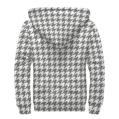 Grey And White Houndstooth Pattern Print Sherpa Lined Zip Up Hoodie