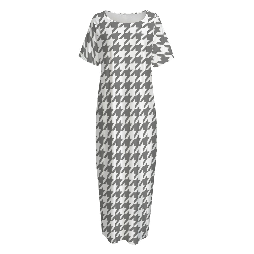 Grey And White Houndstooth Pattern Print Short Sleeve Long Nightdress