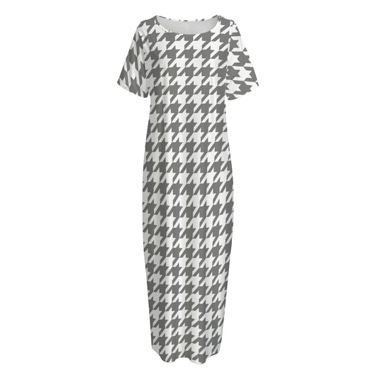 Grey And White Houndstooth Pattern Print Short Sleeve Long Nightdress