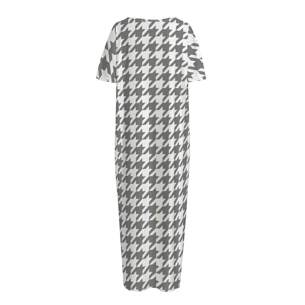 Grey And White Houndstooth Pattern Print Short Sleeve Long Nightdress