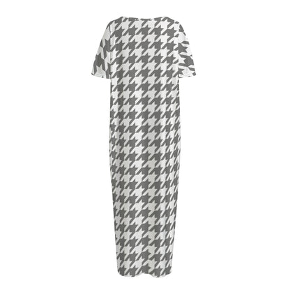 Grey And White Houndstooth Pattern Print Short Sleeve Long Nightdress