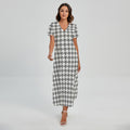 Grey And White Houndstooth Pattern Print Short Sleeve Maxi Dress