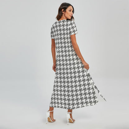 Grey And White Houndstooth Pattern Print Short Sleeve Maxi Dress
