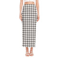 Grey And White Houndstooth Pattern Print Side Slit Maxi Skirt