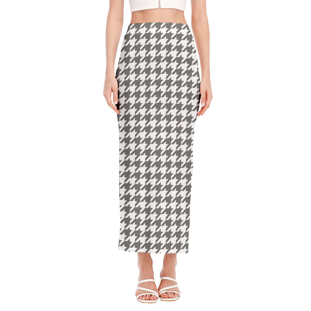 Grey And White Houndstooth Pattern Print Side Slit Maxi Skirt