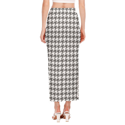 Grey And White Houndstooth Pattern Print Side Slit Maxi Skirt
