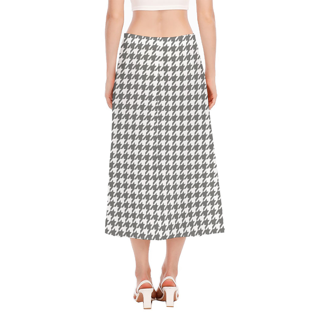 Grey And White Houndstooth Pattern Print Side Slit Midi Skirt