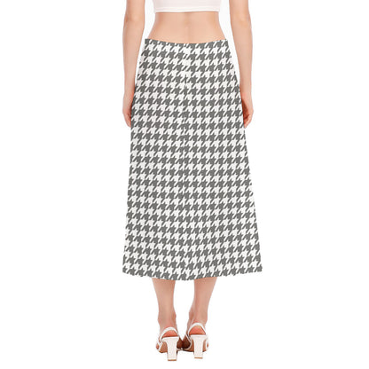 Grey And White Houndstooth Pattern Print Side Slit Midi Skirt