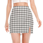 Grey And White Houndstooth Pattern Print Side Slit Mini Skirt