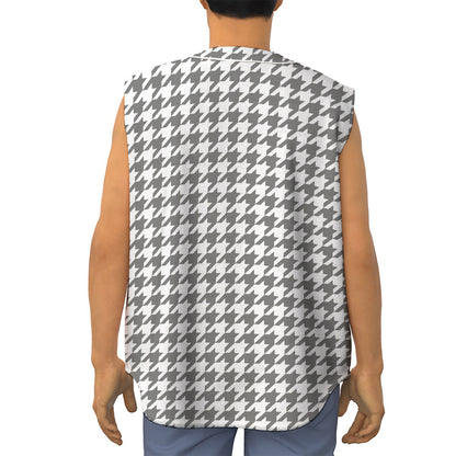 Grey And White Houndstooth Pattern Print Sleeveless Baseball Jersey