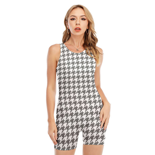Grey And White Houndstooth Pattern Print Sleeveless One Piece Swimsuit