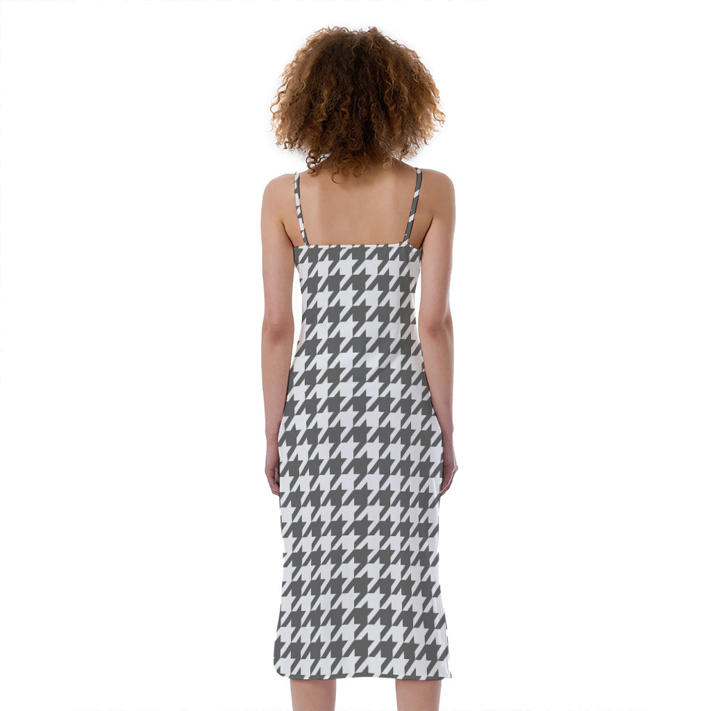 Grey And White Houndstooth Pattern Print Slim Fit Midi Cami Dress
