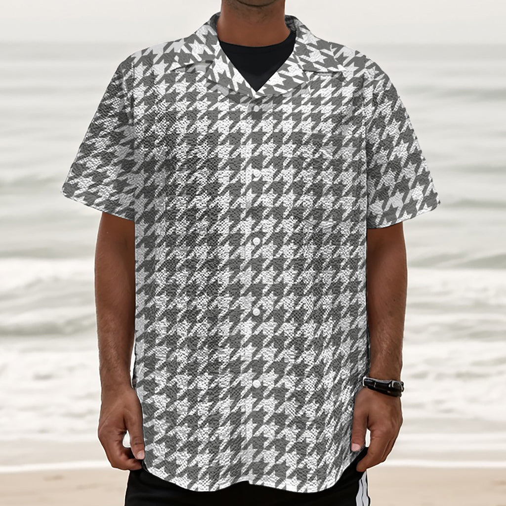 Grey And White Houndstooth Pattern Print Textured Short Sleeve Shirt