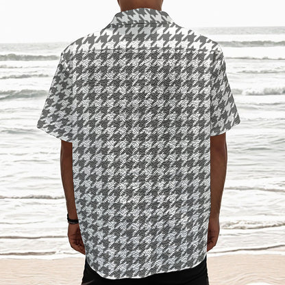 Grey And White Houndstooth Pattern Print Textured Short Sleeve Shirt