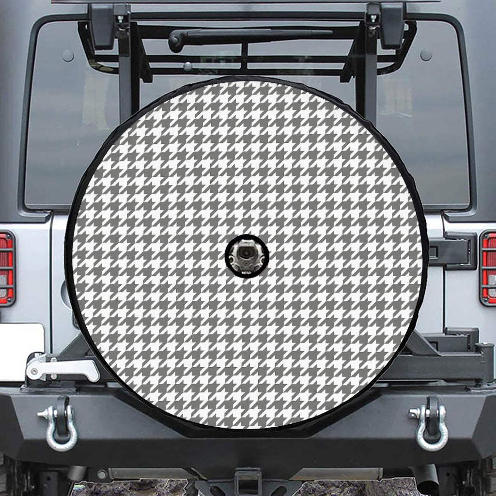 Grey And White Houndstooth Pattern Print Tire Cover With Camera Hole