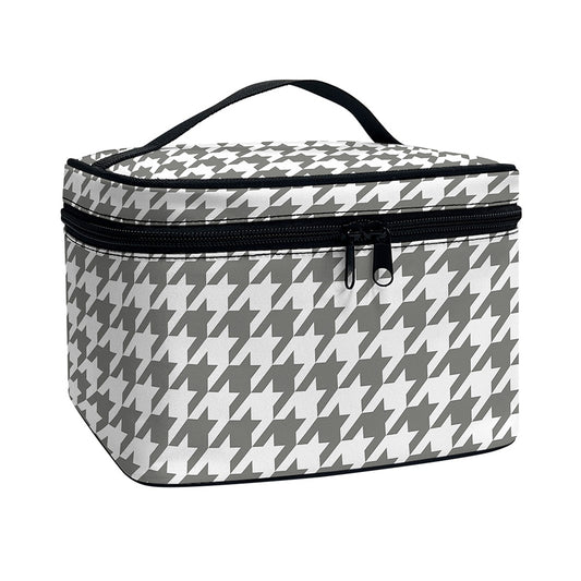 Grey And White Houndstooth Pattern Print Travel Makeup Bag