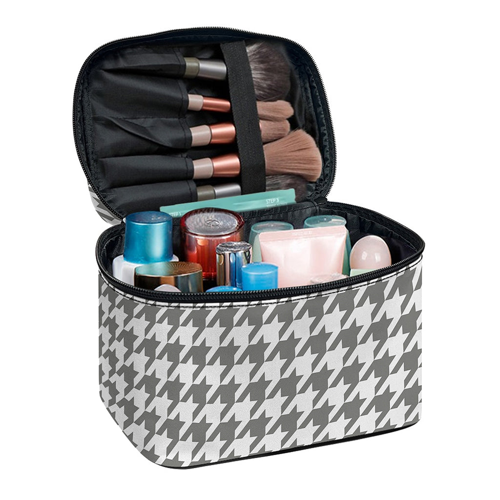 Grey And White Houndstooth Pattern Print Travel Makeup Bag