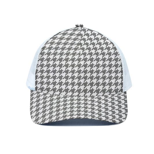 Grey And White Houndstooth Pattern Print White Mesh Trucker Cap