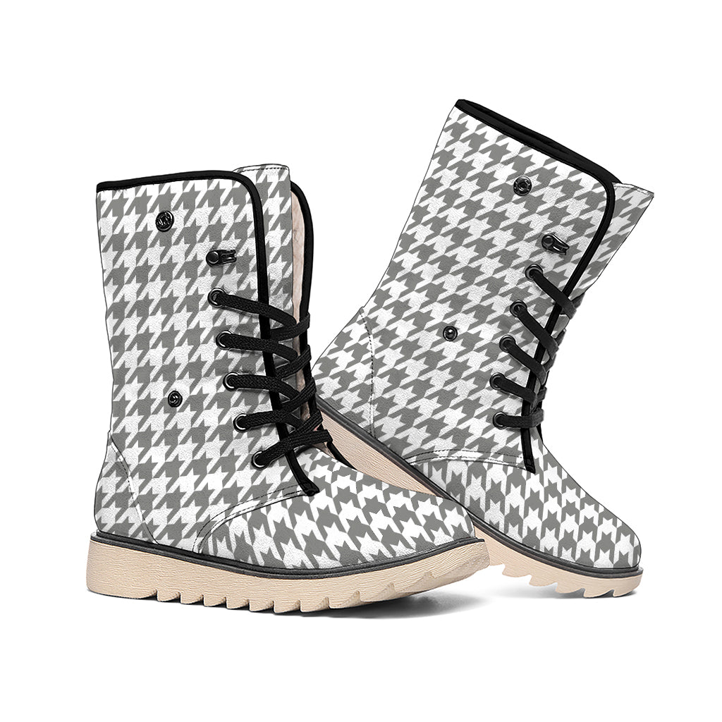 Grey And White Houndstooth Pattern Print Winter Boots