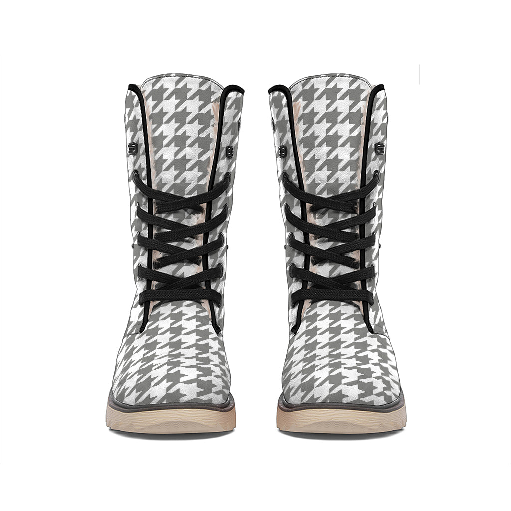 Grey And White Houndstooth Pattern Print Winter Boots