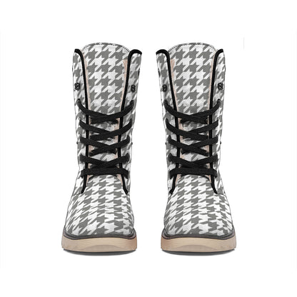 Grey And White Houndstooth Pattern Print Winter Boots
