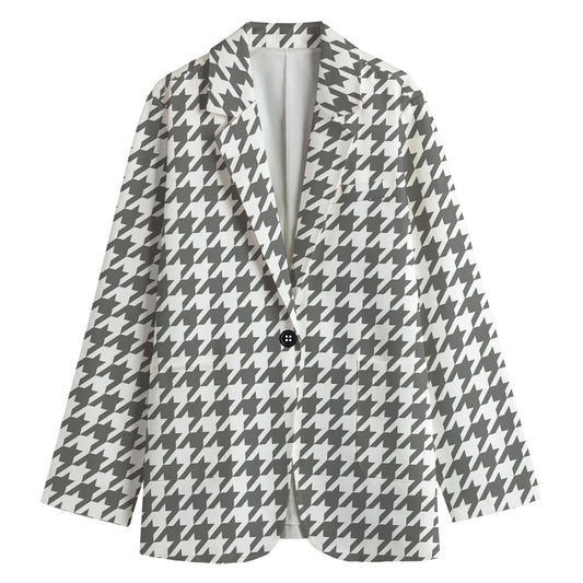 Grey And White Houndstooth Pattern Print Women's Blazer